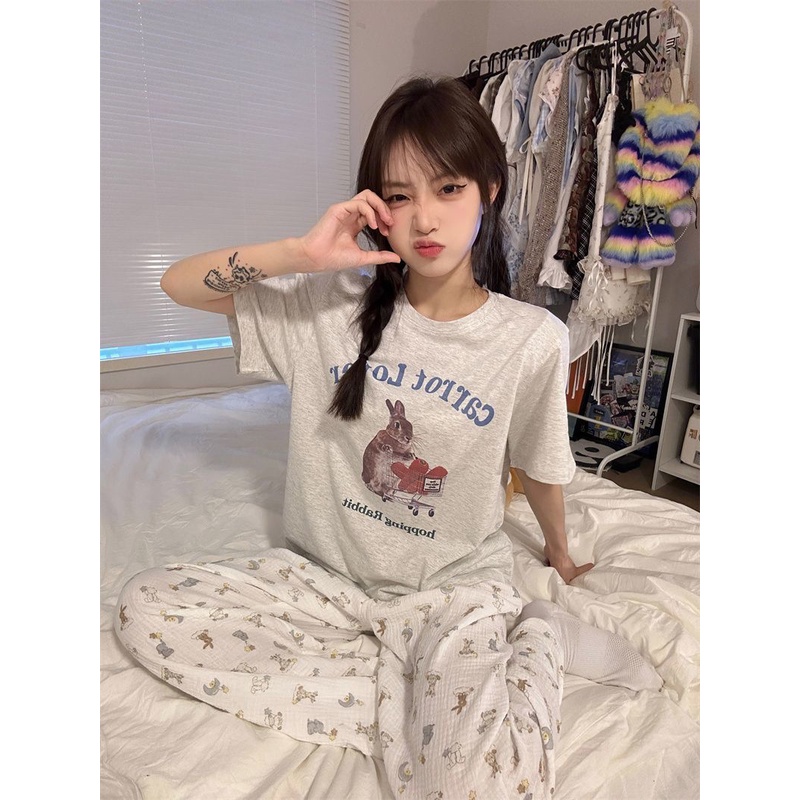 Bộ Đồ Ngủ Tay Ngắn In Hình Thỏ Dễ Thương Phong Cách Nhật Bản Thời Trang Mùa Hè Cho Nữ