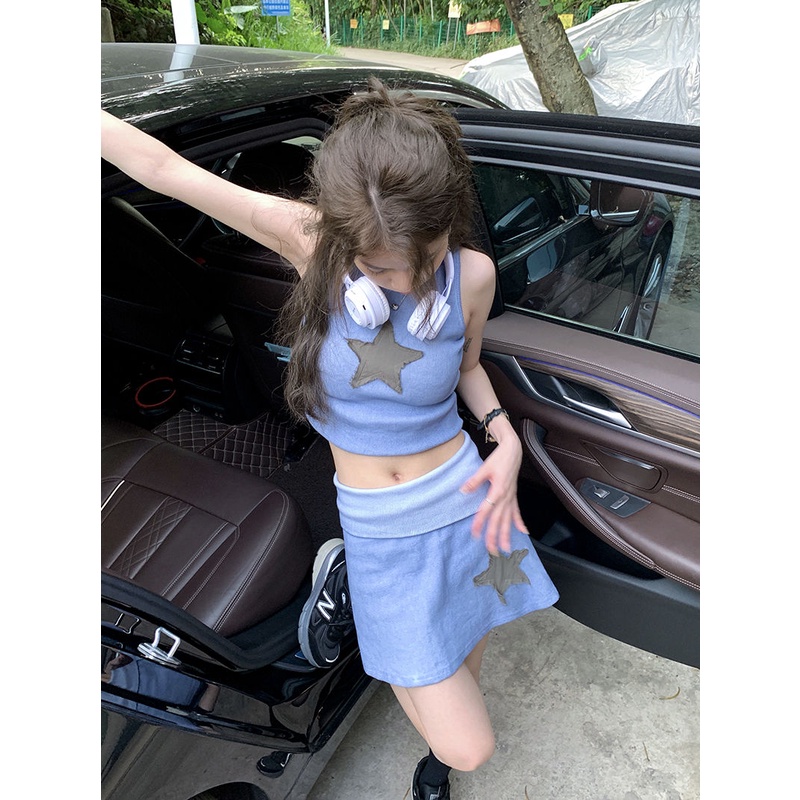 Bộ Áo Thun Không Tay + Chân Váy Ngắn Lưng Cao Thời Trang Mùa Hè Xinh Xắn Cho Nữ Y2K
