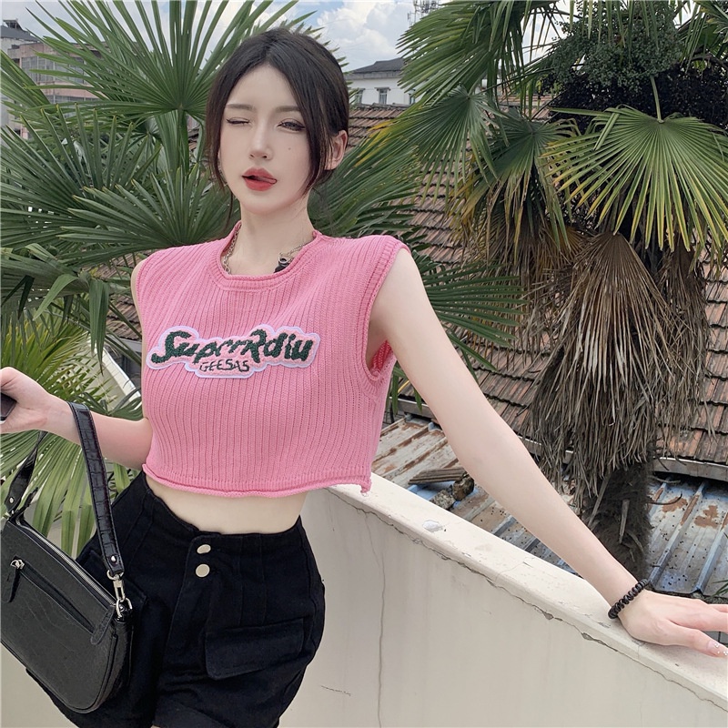 Áo Dệt Kim Sát Nách Dáng Rộng Cổ Tròn In Chữ Phong Cách Retro Mỹ Thời Trang Mùa Hè Cho Nữ