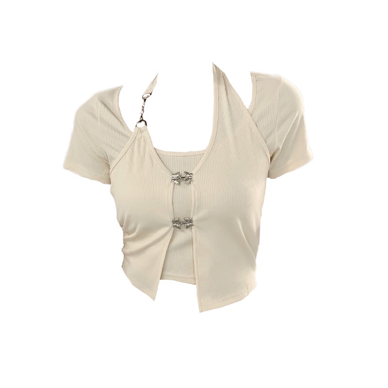 Áo Ngắn Tay Giả Hai Mảnh Cài Nút Thời Trang Mùa Hè Mỹ Cho Nữ