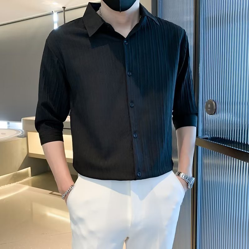 Áo sơ mi nam BEFOYI tay 3/4 màu trắng sọc mỏng cổ áo nếp vừa vặn thời trang mùa hè Hàn Quốc M-3XL