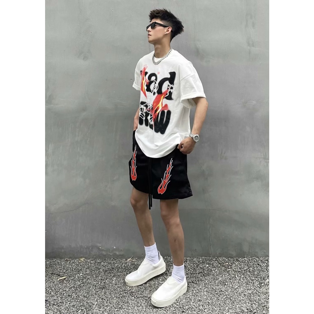 Quần Short Thể Thao Bóng Rổ Cỡ Lớn In Hình Ngọn Lửa Kiểu hip-hop Mỹ Cá Tính Thời Trang Cho Nam