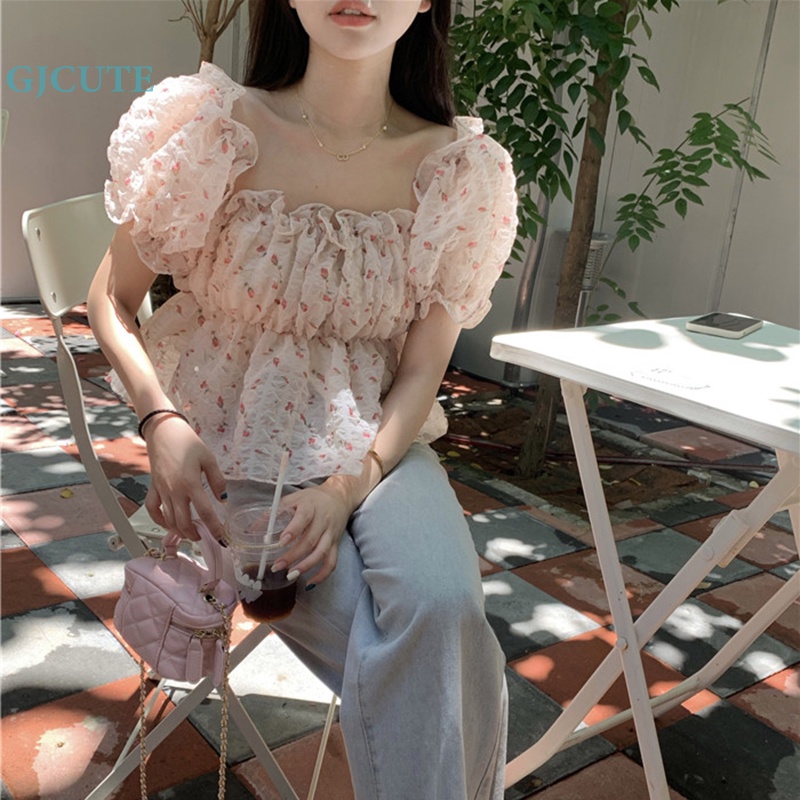 Áo Kiểu Trễ Vai Tay Ngắn Phối Bèo Họa Tiết Hoa Thời Trang Mùa Hè Cho Nữ