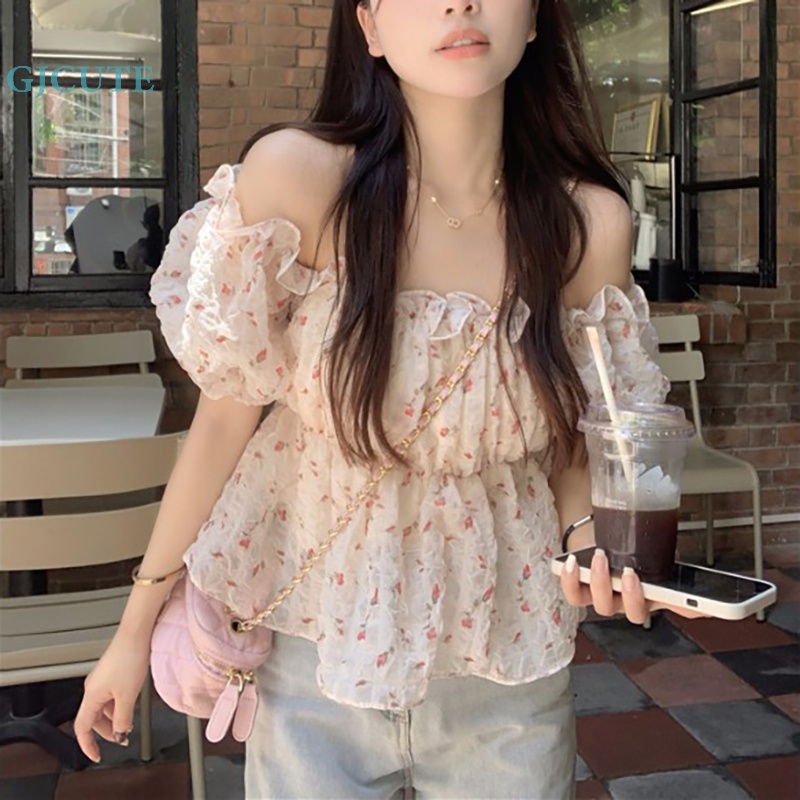 Áo Kiểu Trễ Vai Tay Ngắn Phối Bèo Họa Tiết Hoa Thời Trang Mùa Hè Cho Nữ