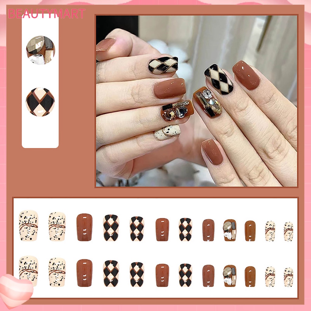 Bộ 24 Móng Tay Giả Đính Pha Lê Lấp Lánh Dễ Tháo Rời Dùng Trang Trí Móng Tay Mùa Thu Đông DIY