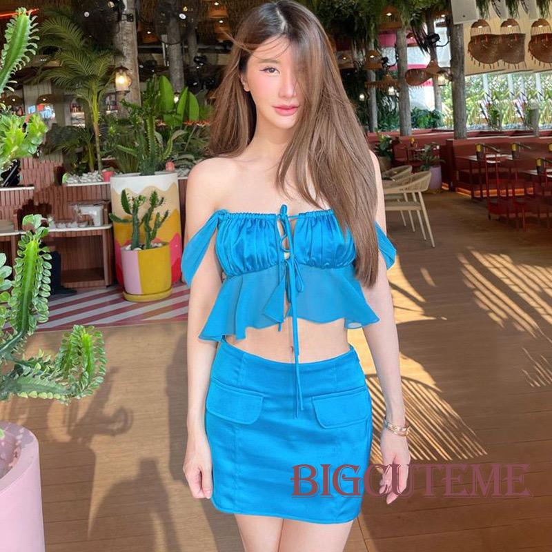 Bộ Áo Tank Top Cổ Vuông + Chân Váy Ôm Mini Màu Trơn Thời Trang Mùa Hè Xinh Xắn Cho Nữ