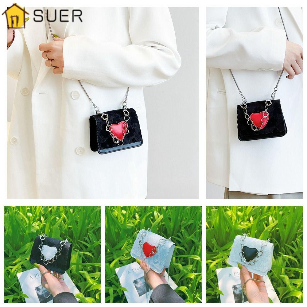 Suenin Túi Đeo Chéo Vai Mini Hình Vuông Màu Tương Phản Phối Dây Xích Hình Trái Tim Cho Học Sinh