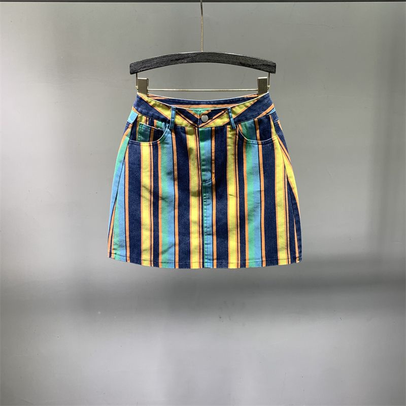 [Miniskirt] Chân Váy Denim Ngắn Dáng Chữ a Lưng Cao In Họa Tiết Kẻ Sọc Thời Trang Xuân Hè 2023