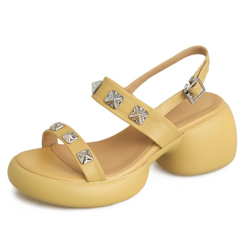 Duoya Tóc Thẳng ~ [Hàng Có Sẵn] Sandal Cao Gót Hở Ngón Bằng Da Thật Mềm Mại Chống Thấm Nước Đính Đinh Tán Thời Trang Mùa Hè Giản Dị Miễn Phí Vậ