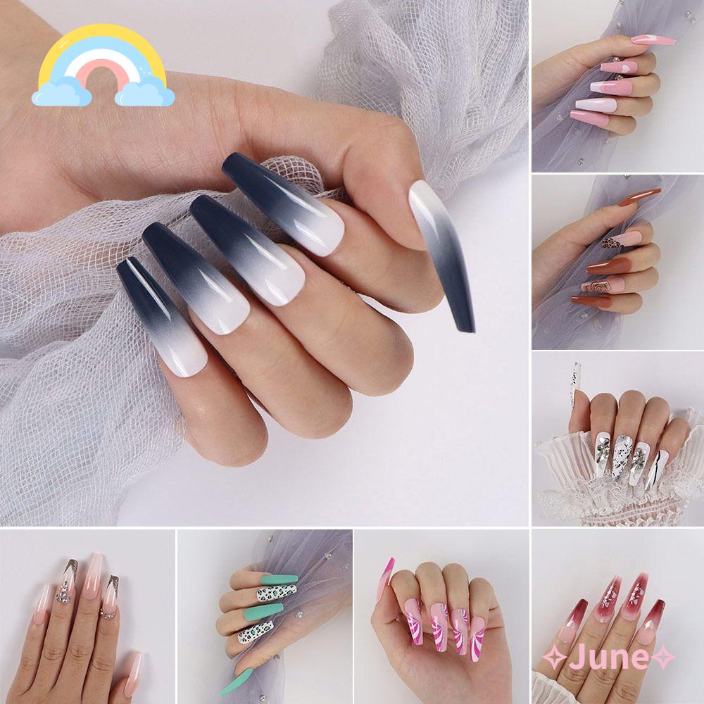 JUNE Bộ 24 Móng Tay Giả Che Phủ Toàn Diện Họa Tiết Hoa Xinh Xắn