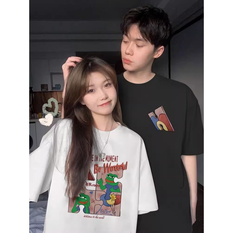 NRVP Áo Thun 100% Cotton Tay Ngắn Dáng Suông In Họa Tiết Hoạt Hình Phong Cách Hàn Quốc Thời Trang Cho Cặp Đôi