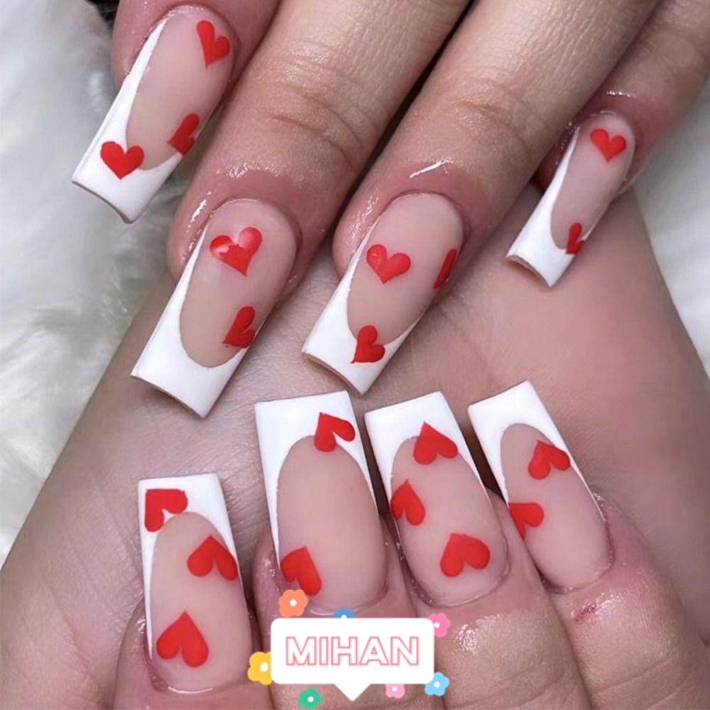 MIHAN1 Set 24 Móng Tay Giả Trái Tim Nhiều Màu Sắc Kiểu Pháp MIHAN1