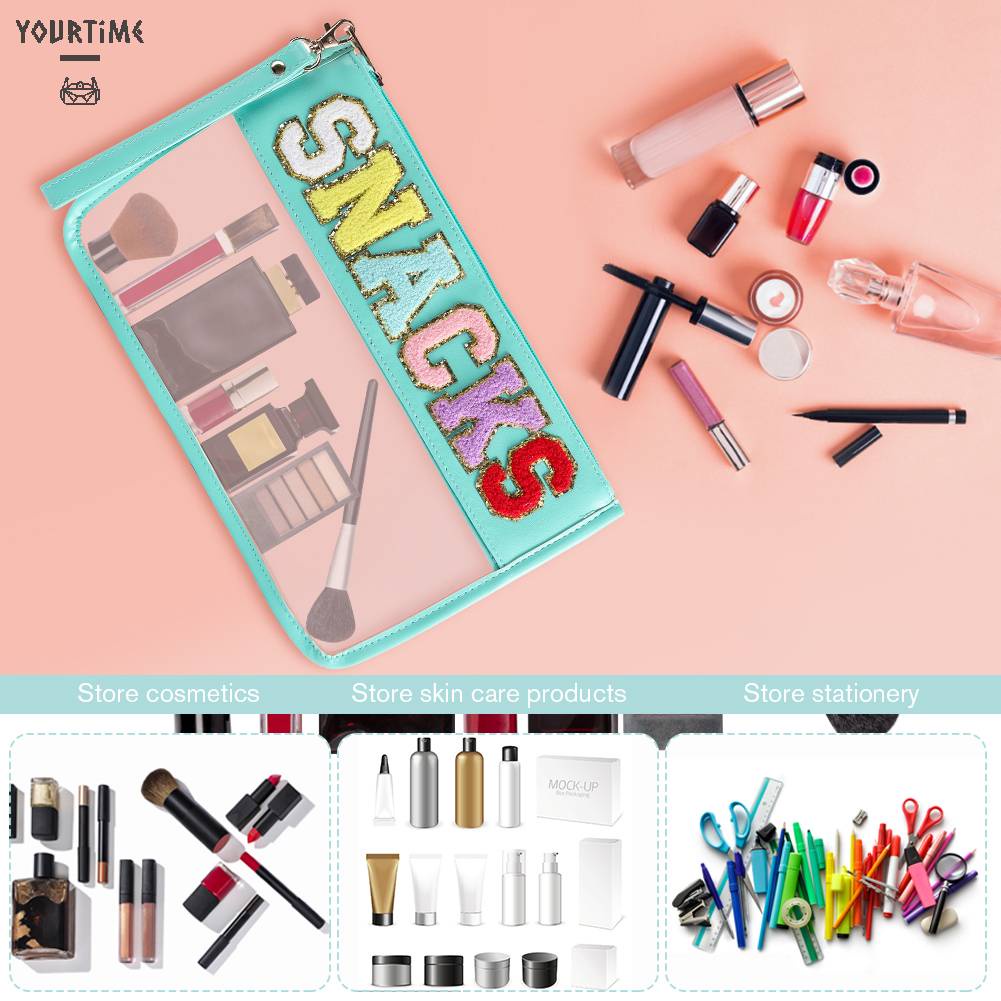 Túi Đựng Mỹ Phẩm Bằng PVC Chenille Trong Suốt In Chữ Có Khóa Kéo Tiện Dụng Mang Theo Du Lịch