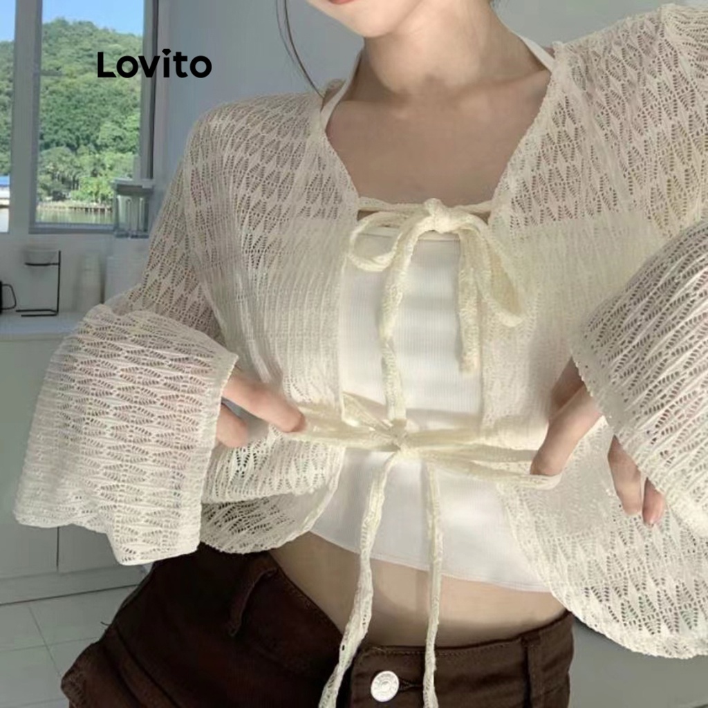 Lovito Áo len dài tay cổ chữ V màu trơn giản dị cho nữ LNE09034 (Trắng)