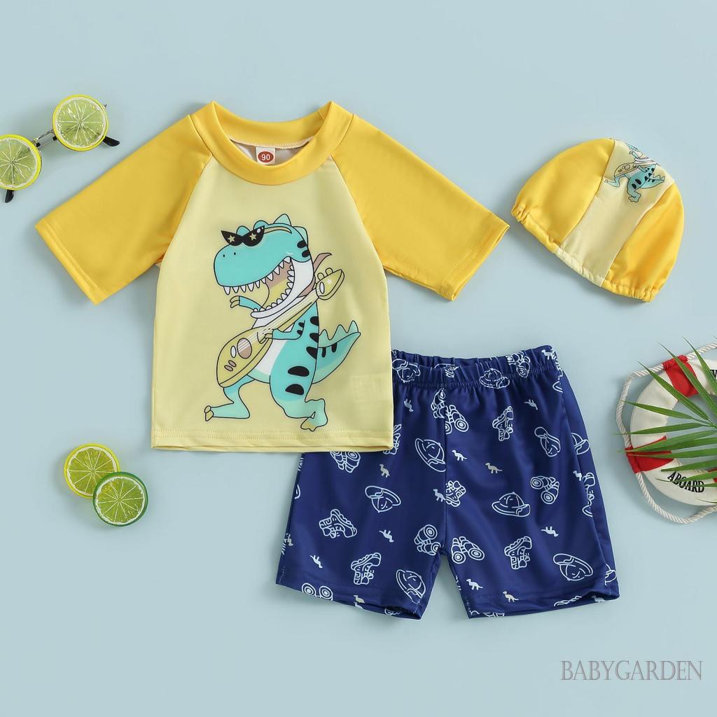 Bộ Đồ Bơi Áo Thun Tay Ngắn In Hình Khủng Long + Quần Ngắn Dành Cho Bé Trai 2-7 Tuổi