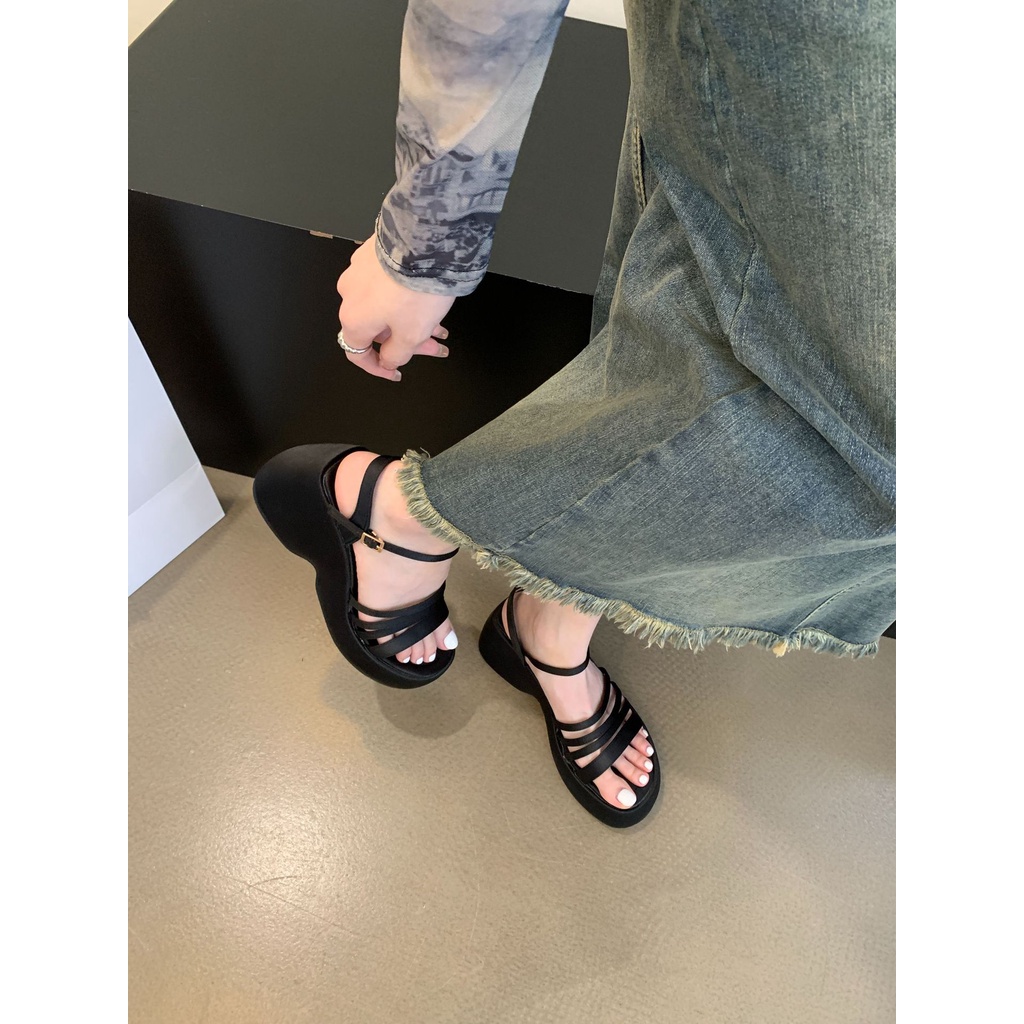 Sandal Cao Gót Đế Xuồng Dày Quai Denim Màu Xanh Dương Thời Trang Mùa Hè Hàng Mới 2023