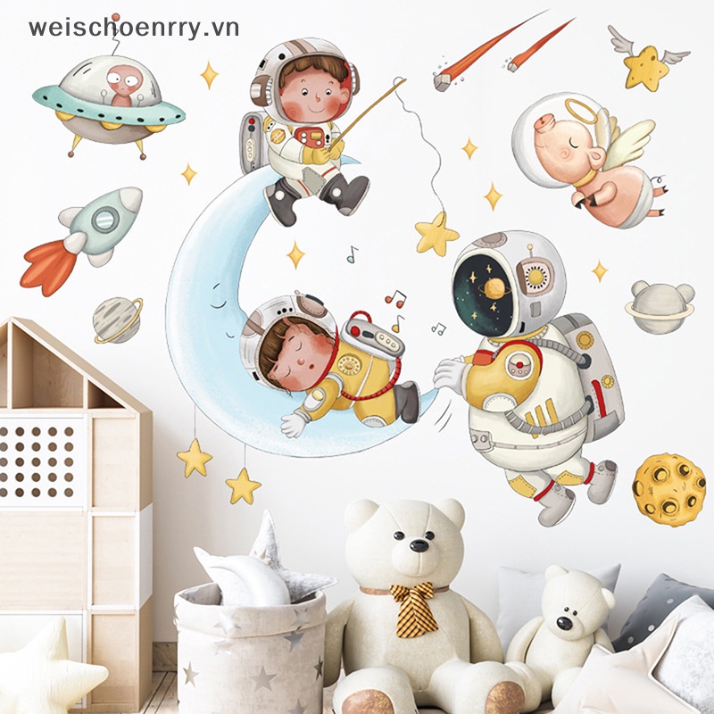 Sticker Dán Tường Họa Tiết Phi Hành Gia Hoạt Hình Dễ Thương Bắt Mắt