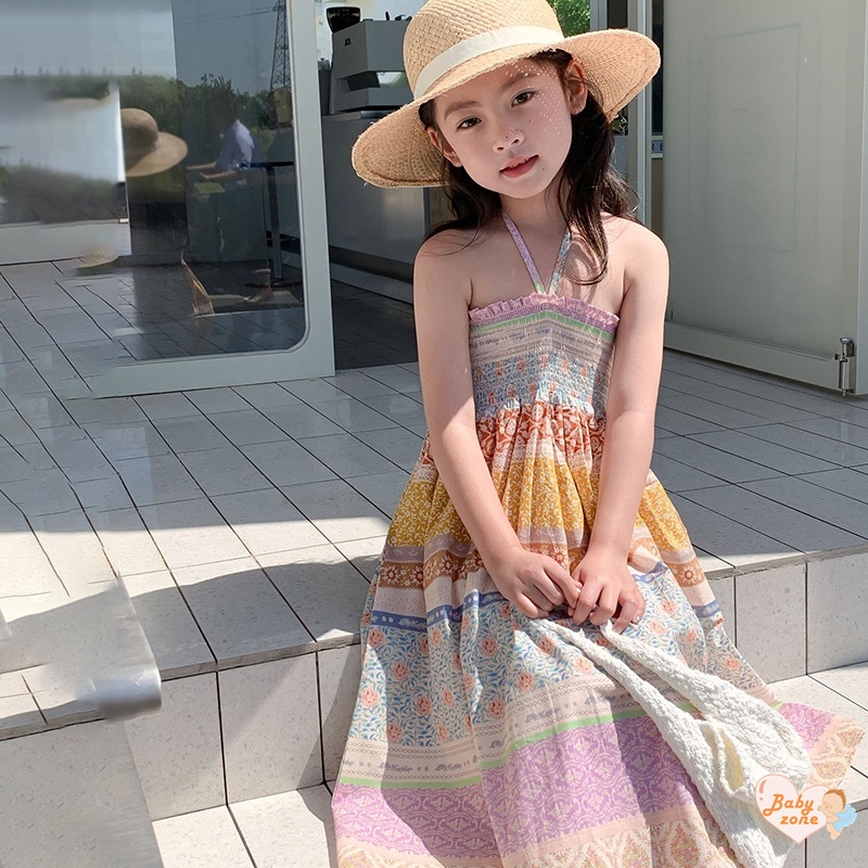 Korean Summer Girls' Ethnic Style Printed Pleated Drawstring Dress Children Baby Girl Seaside Vacation Style Beach Dress