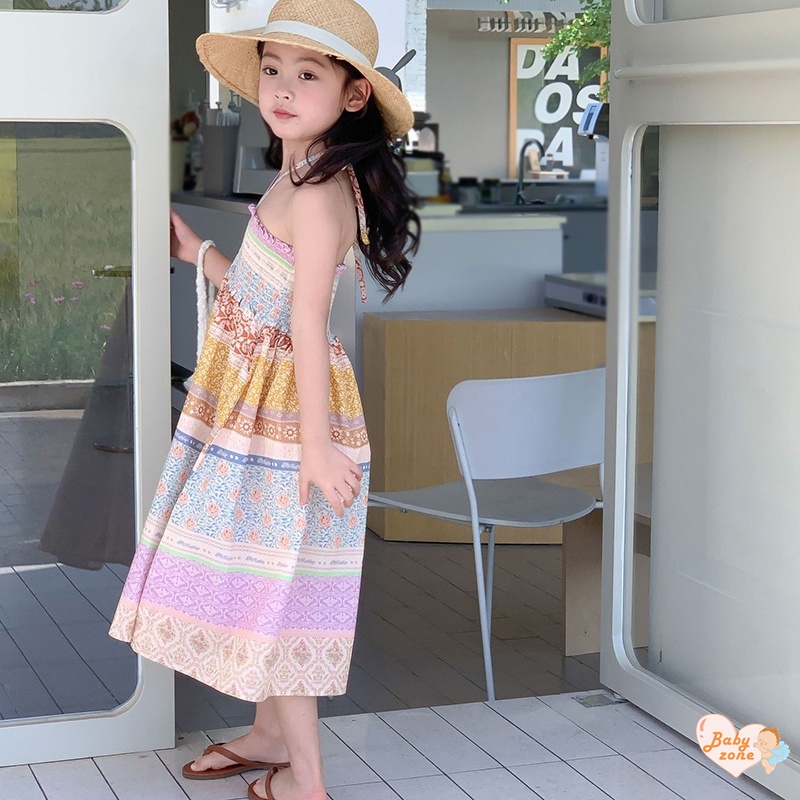 Korean Summer Girls' Ethnic Style Printed Pleated Drawstring Dress Children Baby Girl Seaside Vacation Style Beach Dress