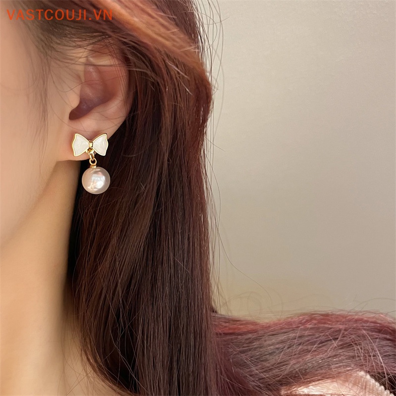 Bông Tai Hình Nơ Đính Ngọc Trai Đơn Giản Thời Trang Cho Nữ