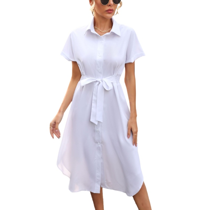 Đầm Midi Ngắn Tay Dáng Rộng Cài Nút Thắt Eo Thời Trang Mùa Hè Cho Nữ