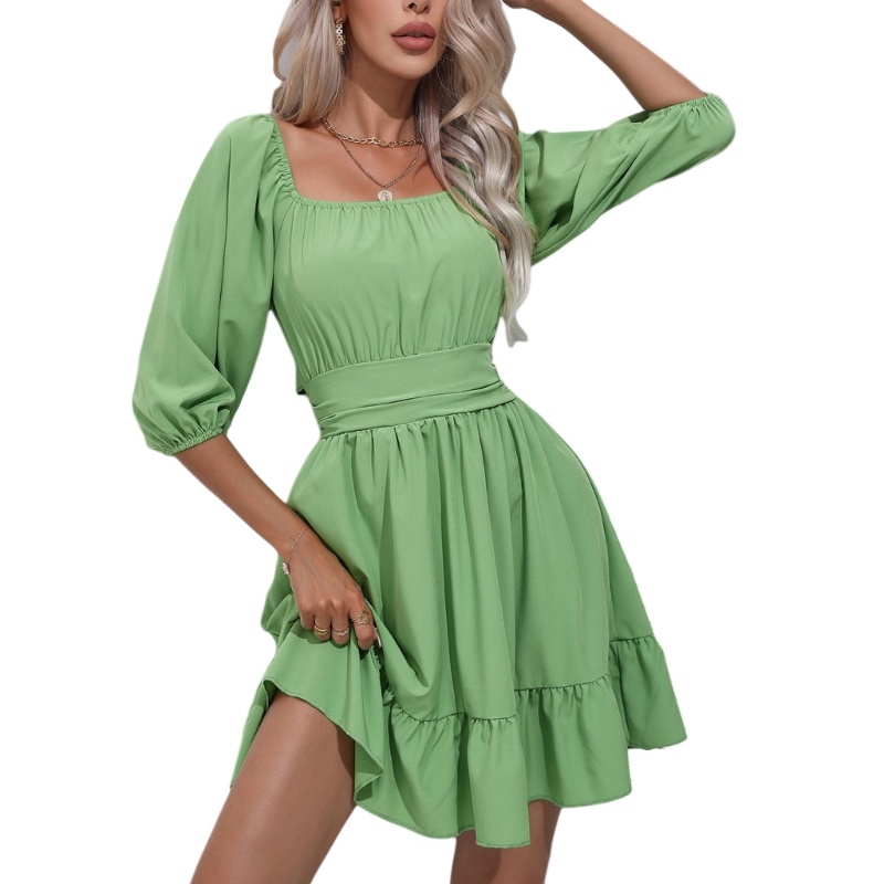 Đầm Ngắn Dáng Chữ A Tay Ngắn Phồng Cổ Vuông Hở Lưng Phối Bèo Eo Co Giãn Cho Nữ