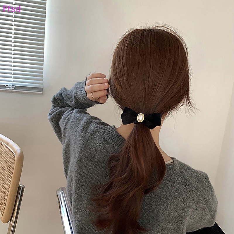{Ffsd} Dây Buộc Tóc Cao Su Nhung Đen Đính Ngọc Trai Siêu Co Giãn Đơn Giản Cá Tính