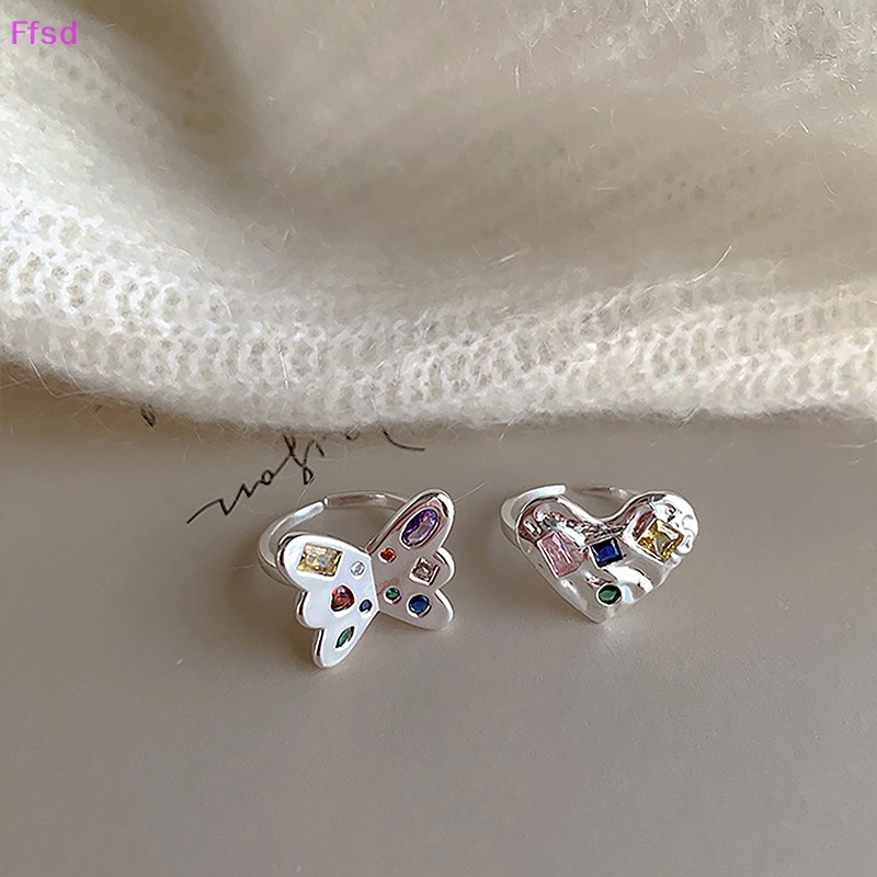 {Ffsd} Nhẫn Hở Hình Bướm / Trái Tim Đính Đá Zircon Nhiều Màu Sắc Điều Chỉnh Được Thời Trang Đơn Giản Dành Cho Bạn Nữ *
