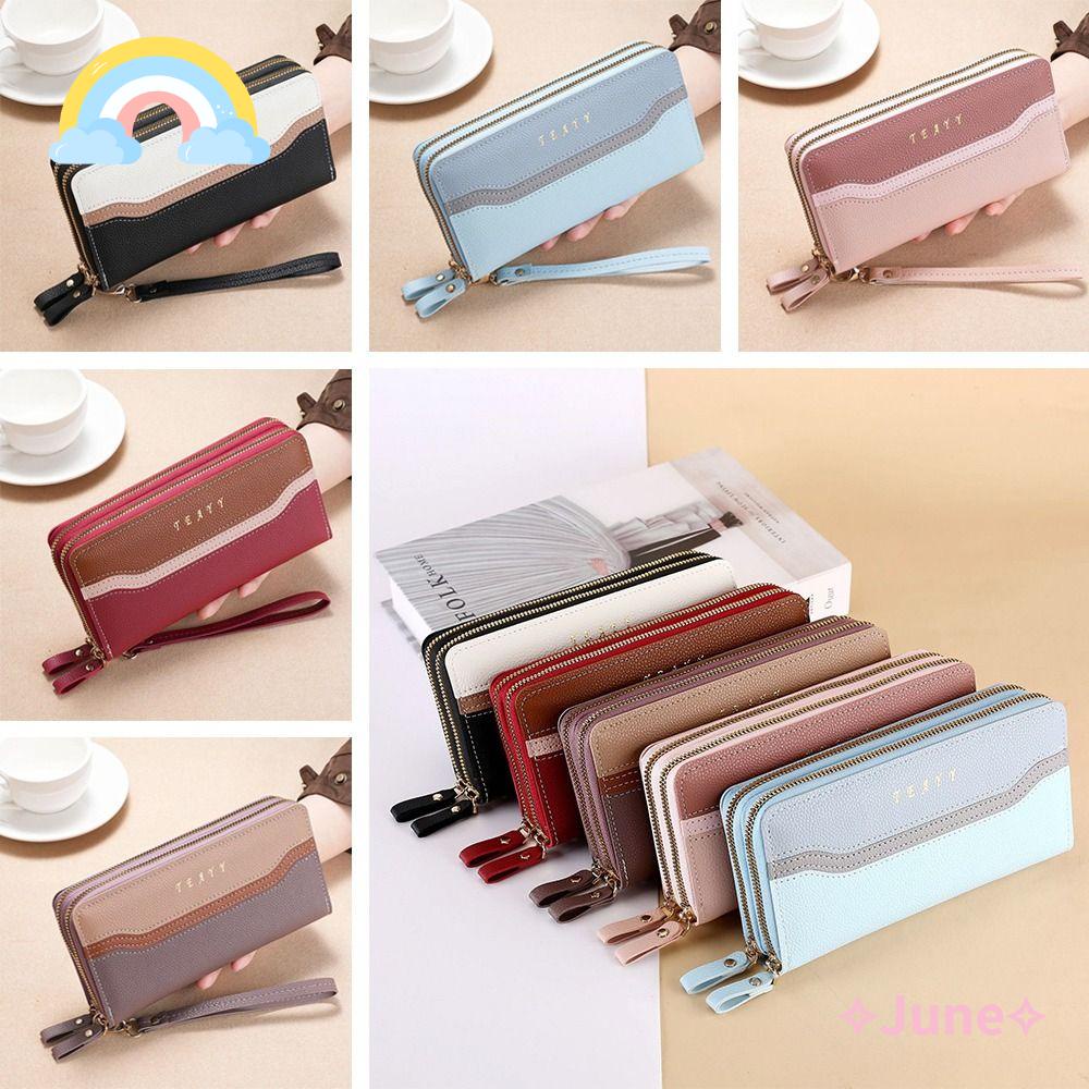 JUNE Ví Da Cầm Tay Nhiều Ngăn Có Khóa Kéo Cho Nữ