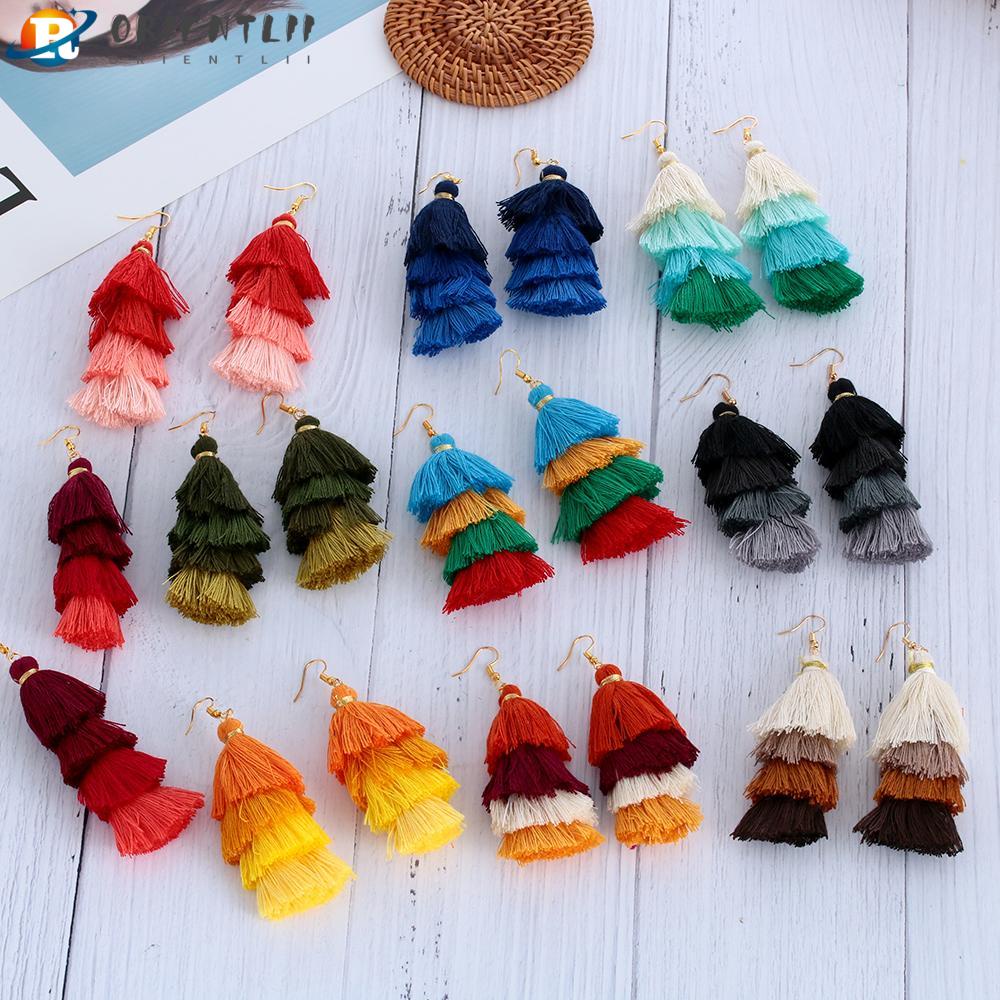 ORIENTLII 1 Cặp Bông Tai Tua Rua Dài Màu Gradient Phong Cách Boho Dân Tộc Thời Trang