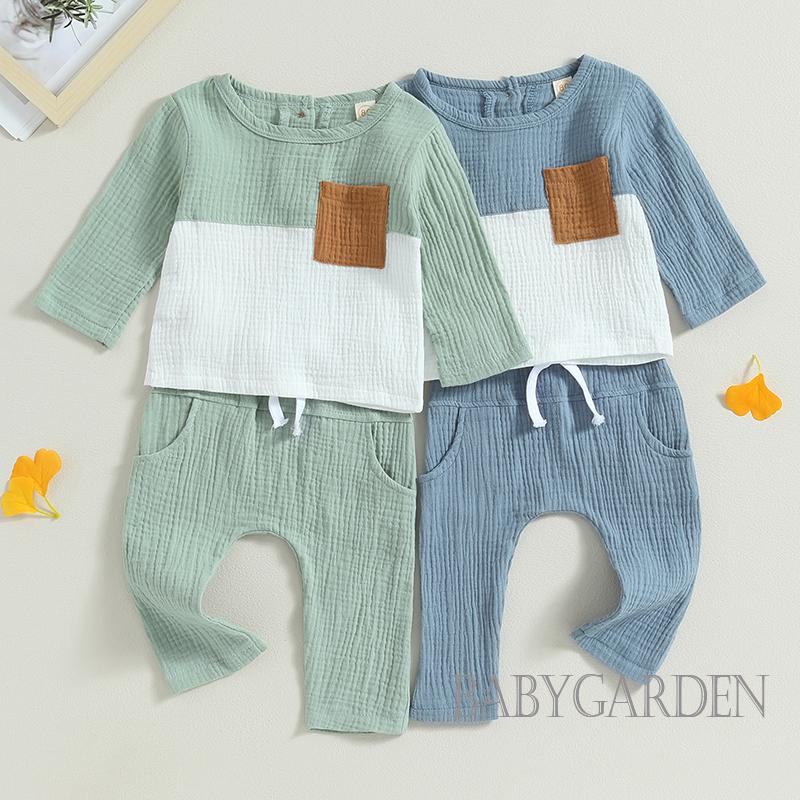 Set Đồ Mùa Thu 2 Món Gồm Áo Tay Dài + Quần Có Túi Màu Sắc Tương Phản Cho Bé Trai / 6 Tháng-4 Tuổi
