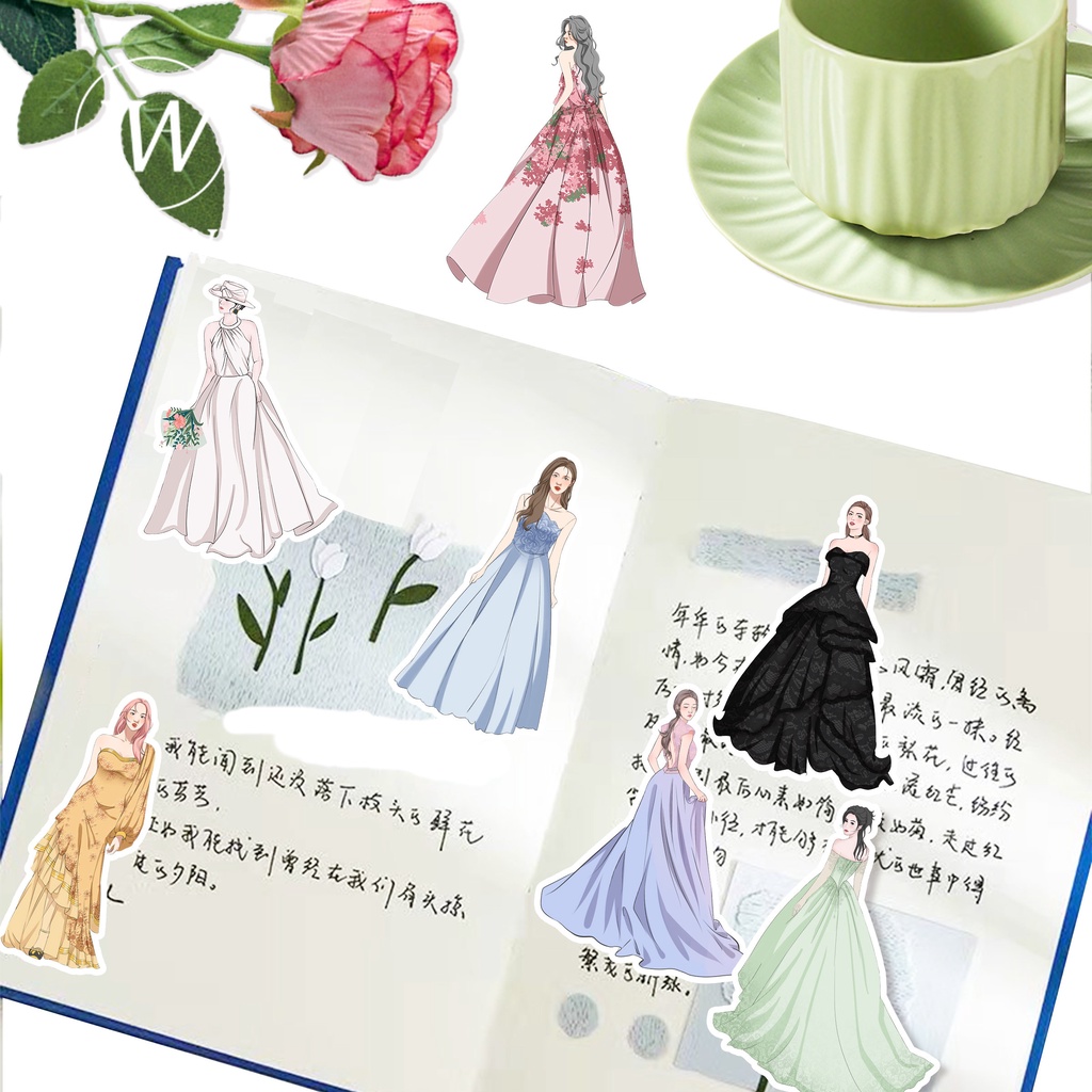 Bộ 50 Tờ Nhãn Dán Hình Cô Gái Mặc Đầm Cưới Kiểu Vintage Sáng Tạo DIY