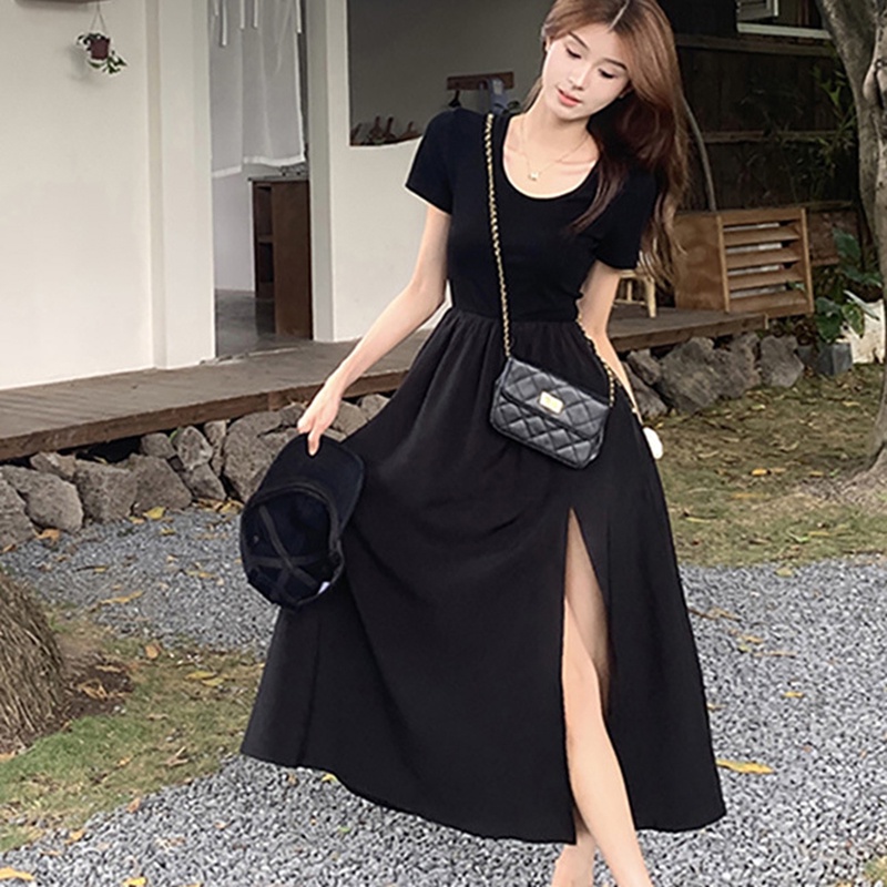 Đầm Dài Đến Đầu Gối Ôm Eo Tay Ngắn Màu Đen Xẻ Tà Thời Trang Cho Nữ