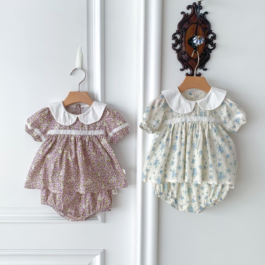Bộ Áo Sơ Mi Cổ Búp Bê Họa Tiết Hoa + Quần Short Xinh Xắn Thời Trang Mùa Hè Cho Bé Gái