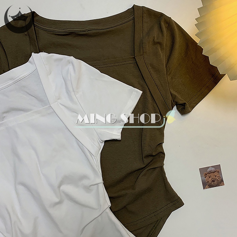 Áo Croptop Tay Ngắn Cổ Vuông Màu Sắc Đơn Giản Cho Nữ