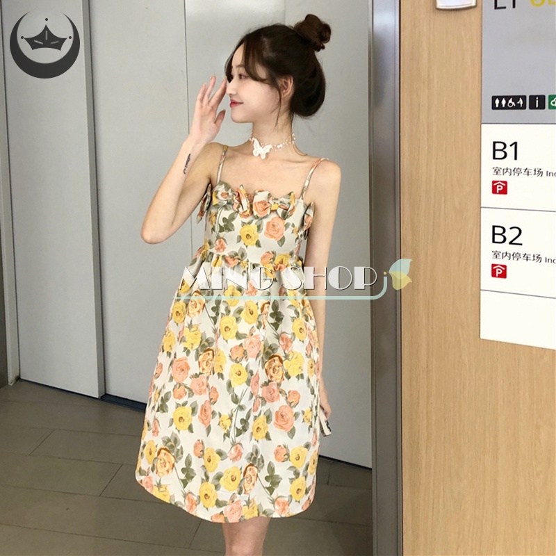 Đầm Hai Dây Ngắn In Hoa Phối Bèo Nhún Thời Trang Cho Nữ