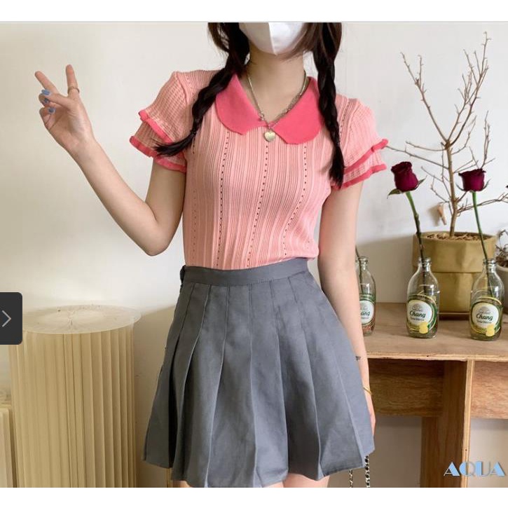 Áo Dệt Kim Tay Ngắn Cổ Búp Bê Màu Sắc Tương Phản Thời Trang Cho Nữ