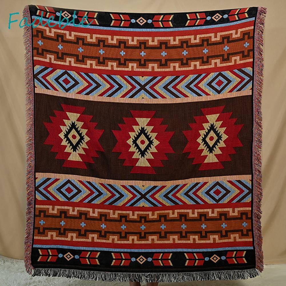 Thảm Cotton Dệt Kim Họa Tiết Thổ Cẩm Phối Tua Rua Có Thể Gấp Gọn Tiện Dụng Mang