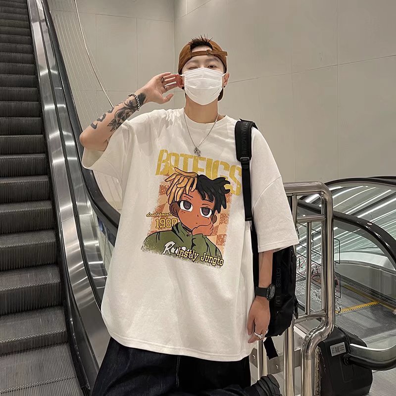 Áo thun nam ngắn tay hoạt hình mùa hè phong cách retro của Mỹ thương hiệu thời trang nửa tay rộng rãi phong cách hip-hop