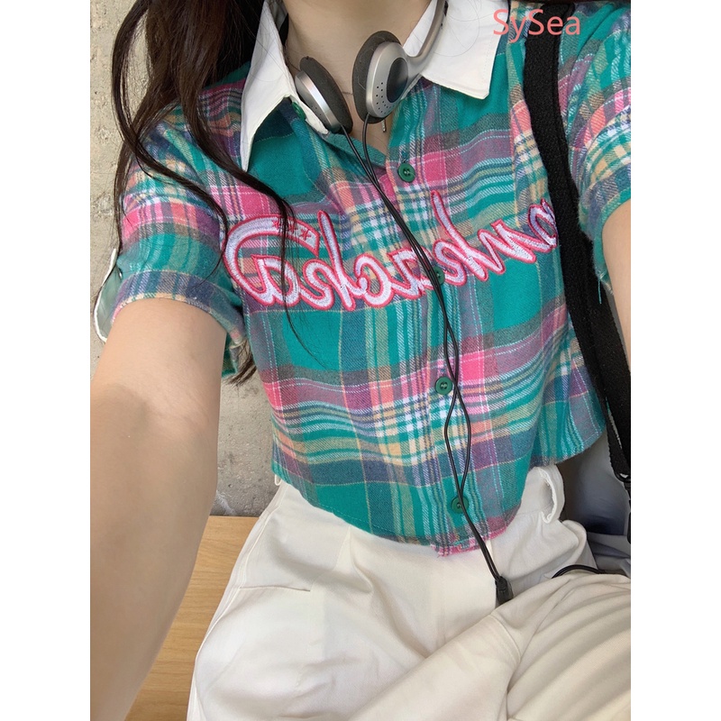 Áo Sơ Mi Ngắn Tay Dáng Rộng Hoa Văn Kẻ Ô Phong Cách Retro Dành Cho Nữ