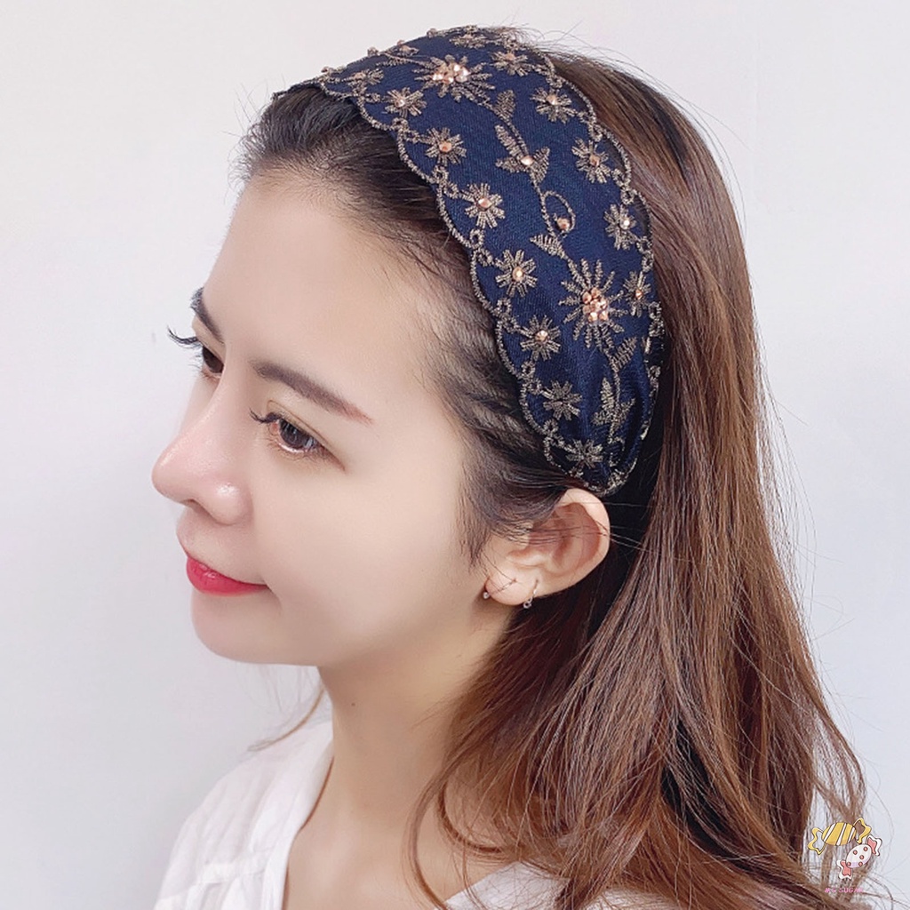 YADORNOS  Băng Đô Cài Tóc Bản Rộng Thêu Họa Tiết Đính Pha Lê