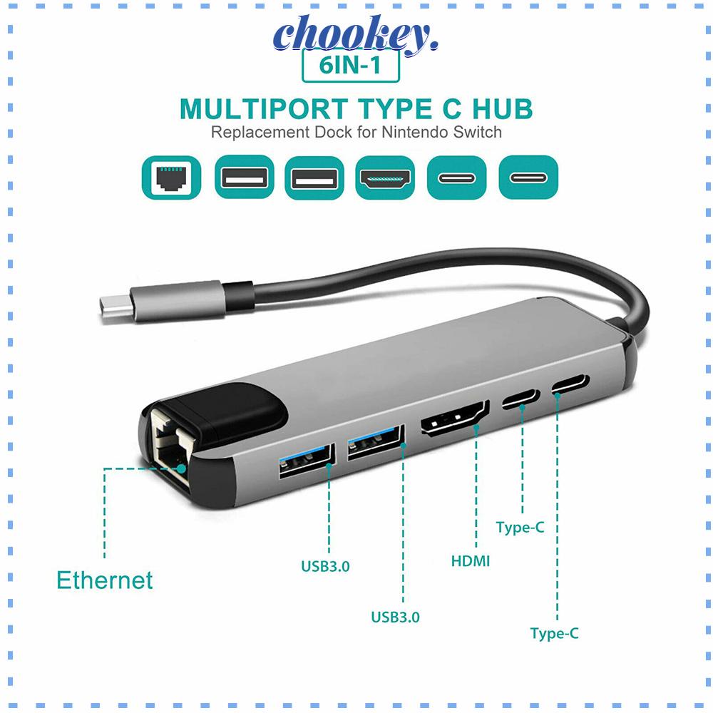 CHOOKEY Bộ Chia Nhiều Cổng USB 3.1 Type-C 6 Trong 1 RJ45 Ethernet Cho Laptop PC