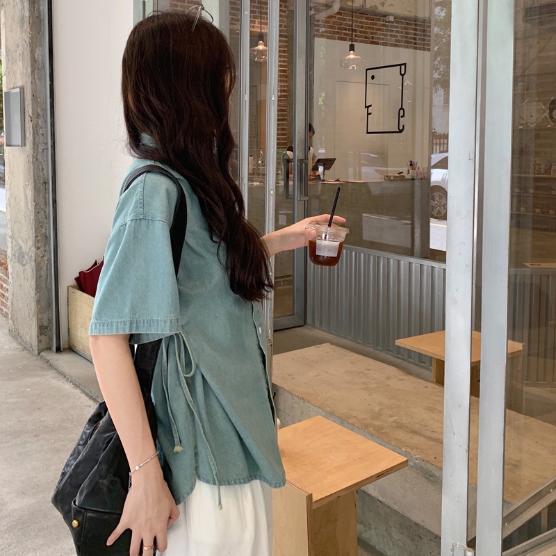 Áo Sơ Mi Denim Ngắn Tay Oversize Thời Trang Hàn Quốc Dành Cho Nữ