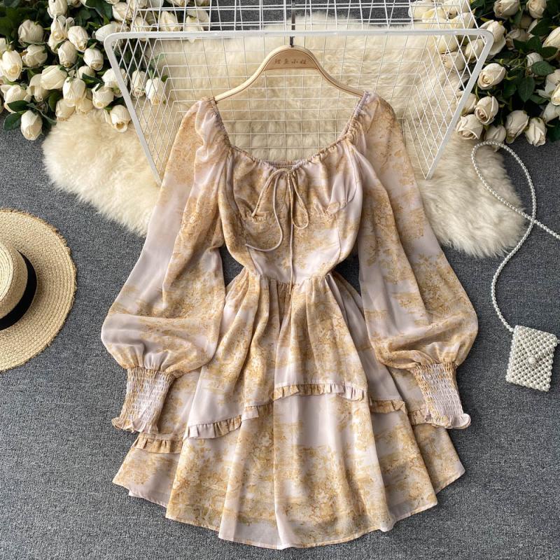 Đầm Chiffon Chữ A Cổ Vuông Tay Phồng Ôm Dáng Thời Trang Cho Nữ