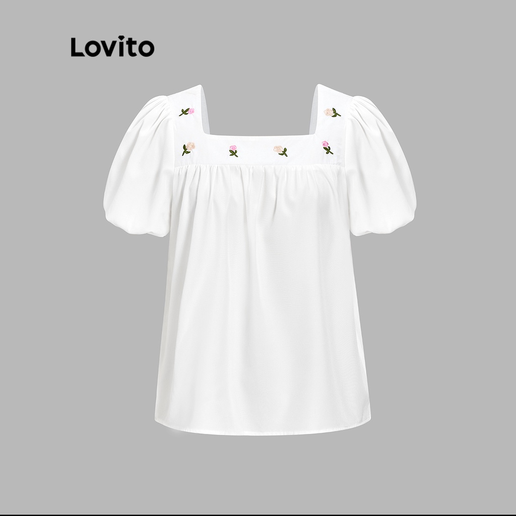 Áo LOVITO tay ngắn thêu họa tiết hoa phong cách thường ngày cho nữ LNE05098