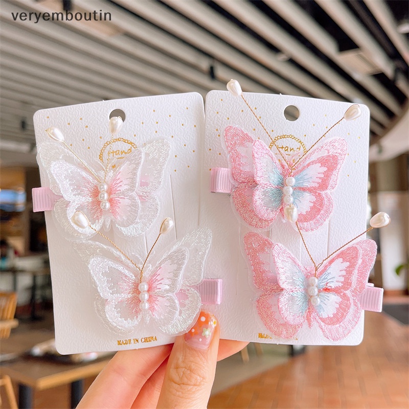 1 Cặp Kẹp Tóc Thêu Hình Bươm Bướm Đính Ngọc Trai Xinh Xắn Cho Bé Gái