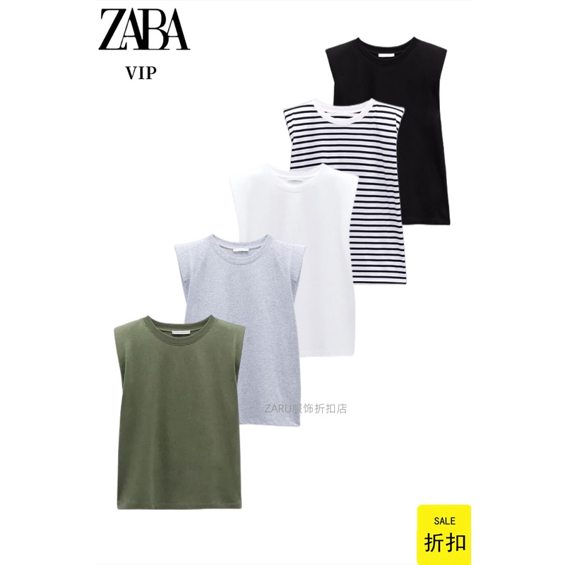 Zara Áo Thun Cotton Sát Nách Cổ Tròn Có Đệm Vai Trang Trí Thời Trang Cho Nữ 0858034