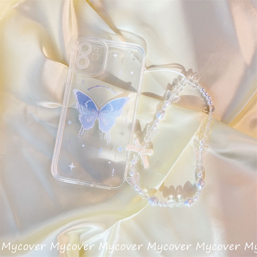 Ốp Điện Thoại Silicon Mềm Chống Sốc Hình Bướm Gắn Dây Đeo Chuỗi Hạt Cho iPhone 11 12 13 14 Pro Max X Xr Xs 8 7 6 Plus SE 2020