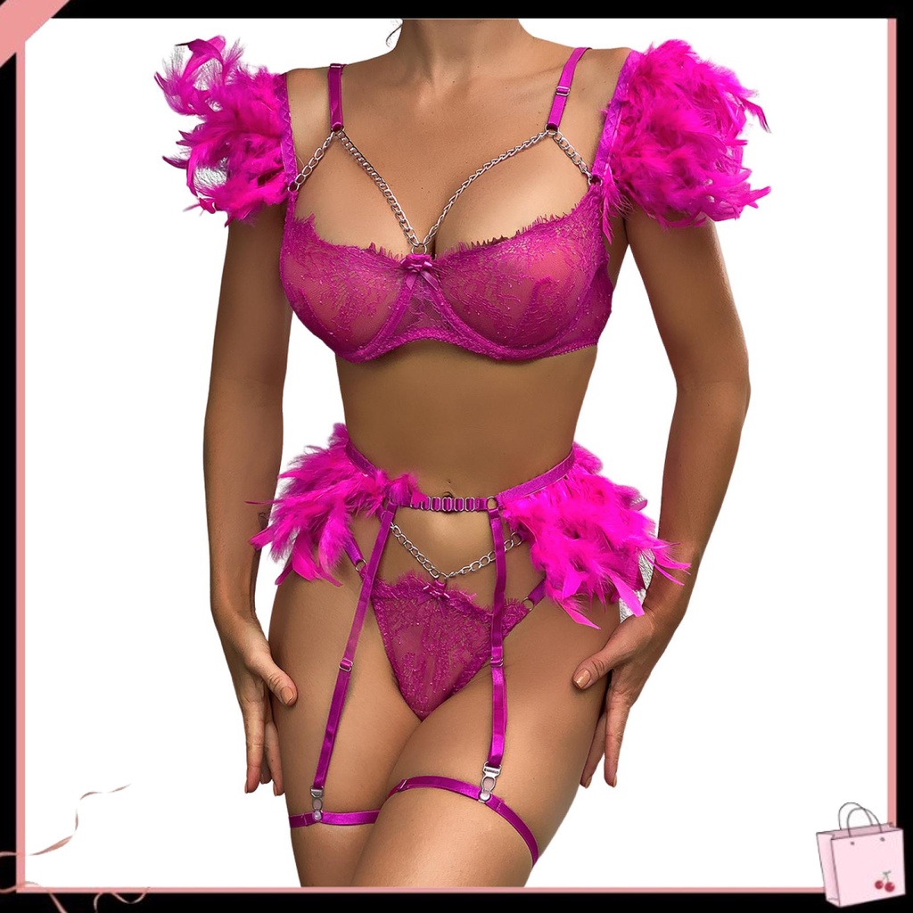 1 Bộ Đồ Lót Ren Rỗng Phối Dây Xích Lưng Cao Co Giãn Tốt Trang Trí Tiệc Tùng Cho Nữ