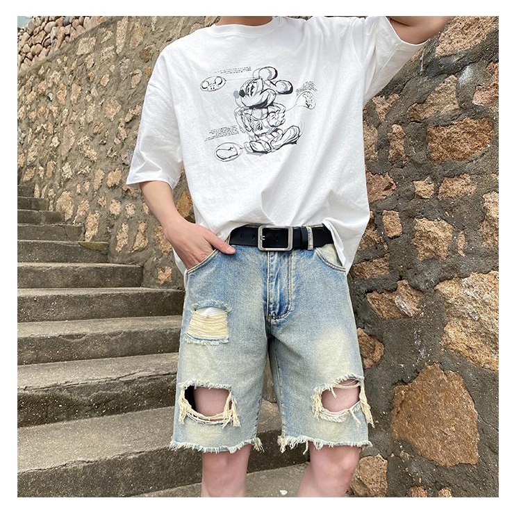 Quần Short Denim Phối Rách Thời Trang Đường Phố Mùa Hè Cho Nam